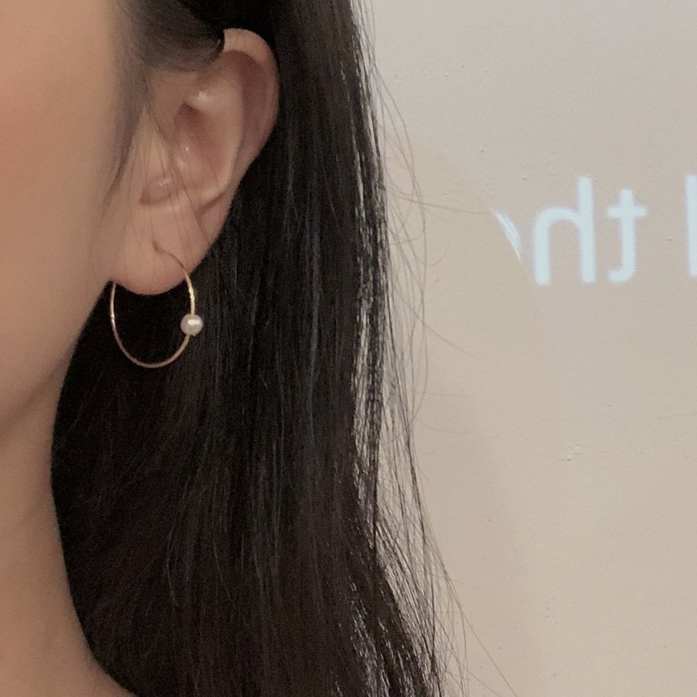 14k Gold Pearl Hoop Earrings - Picture 2 of 5